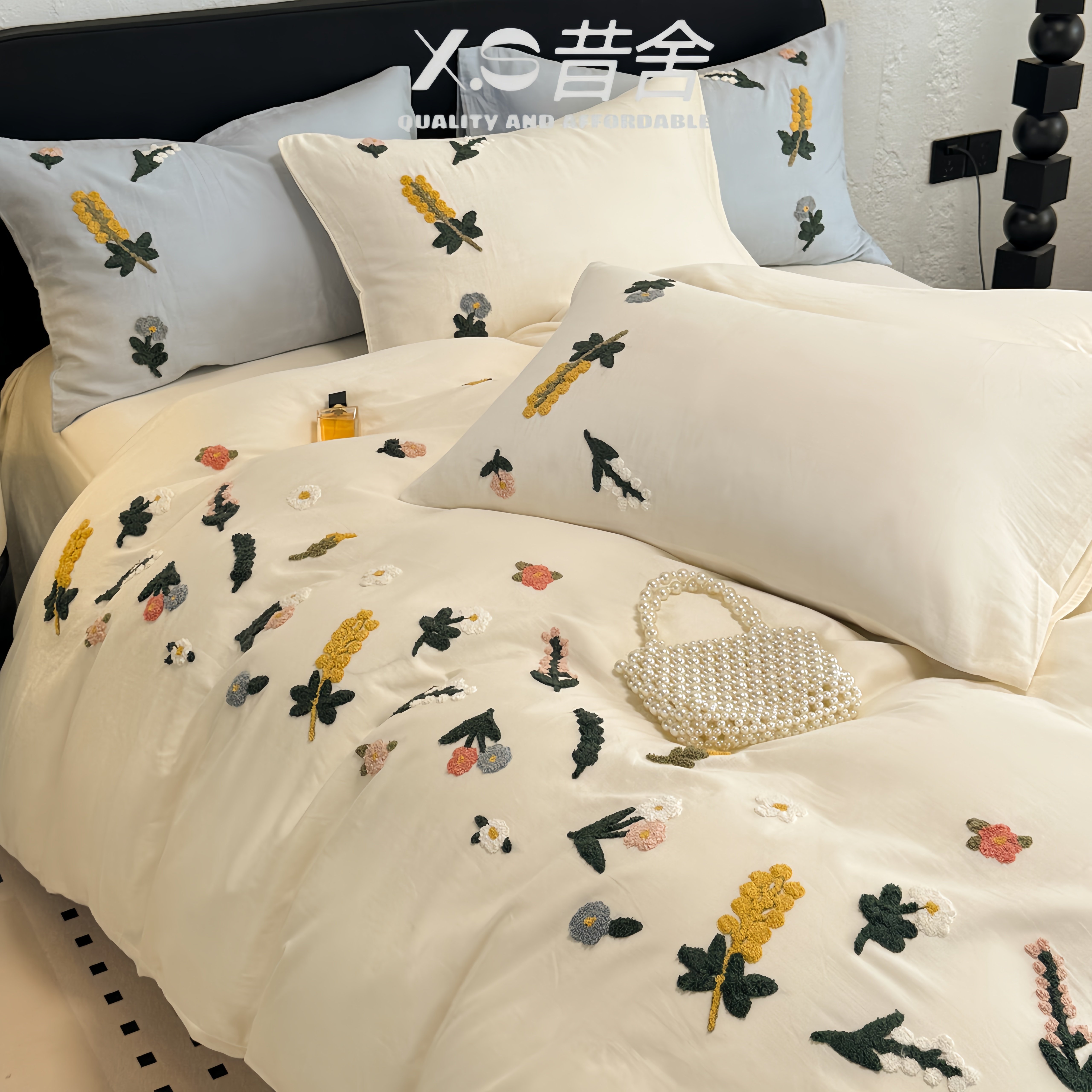 可爱少女奶油风100S长绒棉纯棉四件套立体毛巾绣花卉床单被套床品