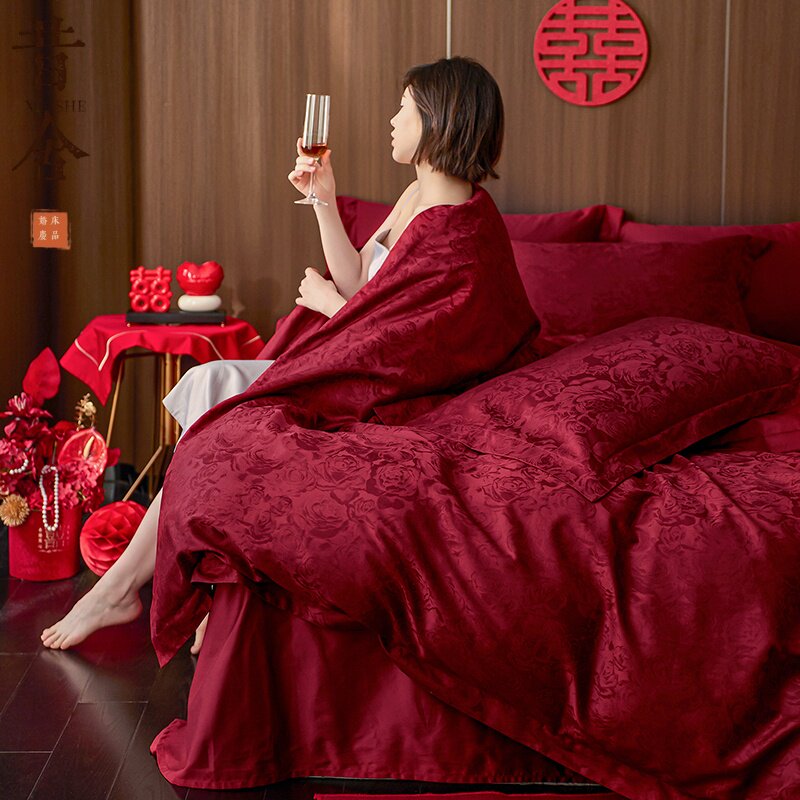 新中式婚庆100支长绒棉贡缎提花四件套全棉红色喜庆结婚纯棉床品4
