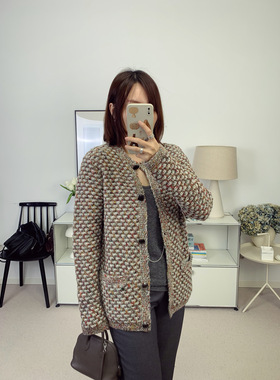 LP复古高级混色纱线菠萝针宽松牛皮扣针织开衫外套25秋冬新款鸬鹚