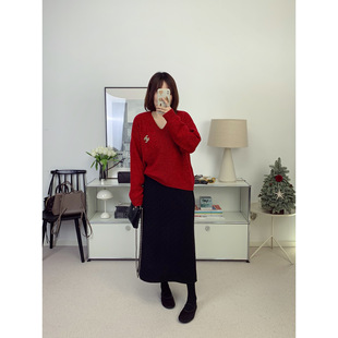 波尔卡植绒波点小黑裙羊毛松紧半身裙 25秋冬新款【鸬鹚】