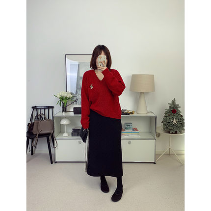 波尔卡植绒波点小黑裙羊毛松紧半身裙 25秋冬新款【鸬鹚】