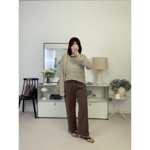 鸬鹚 26春夏新款 侧缝高腰直筒九分牛仔裤 棕咖色四面弹面料