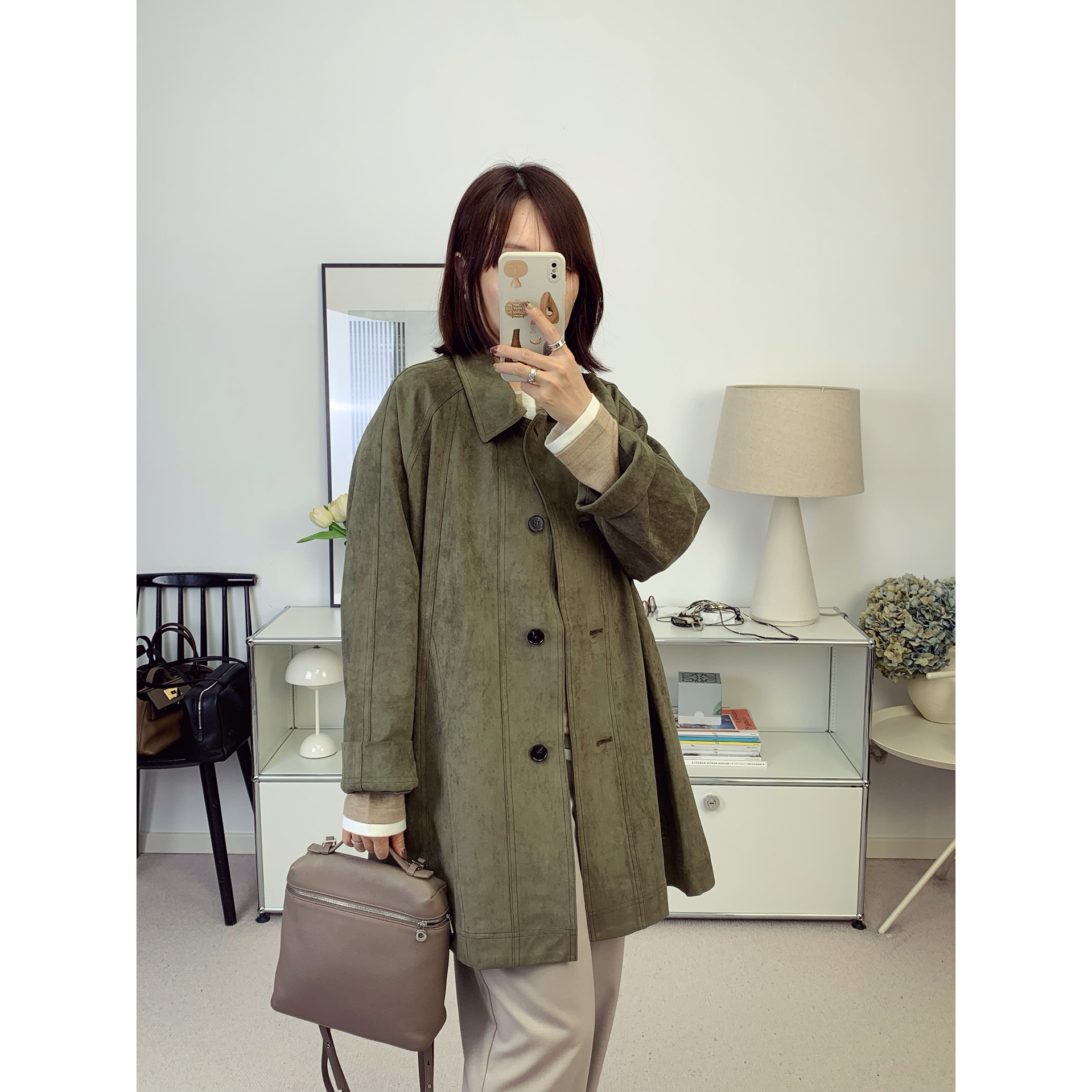 Ethos绿麂皮！宽松百搭翻领磨毛麂皮中长款风衣皮衣25秋冬新款