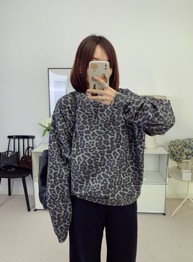 北欧AB低调灰色豹纹印花薄绒宽松卫衣25秋冬新款【鸬鹚】