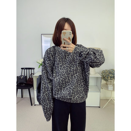 北欧AB低调灰色豹纹印花薄绒宽松卫衣25秋冬新款【鸬鹚】