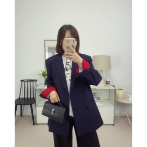 韩国设计师藏青色双排扣羊毛西装女24秋冬新款【鸬鹚】