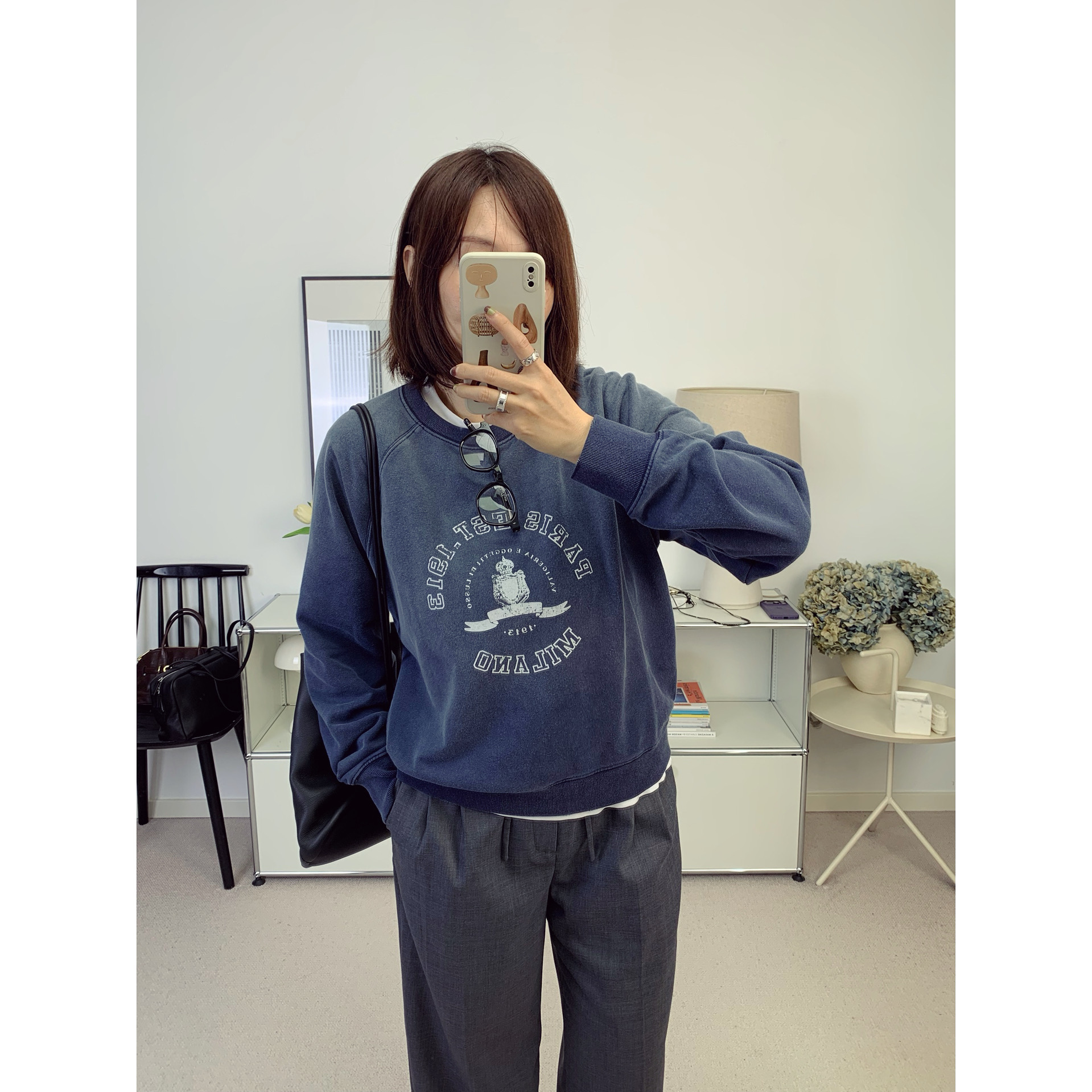 p家做旧水洗灰蓝色插肩印花圆领卫衣 25秋冬新款【鸬鹚】