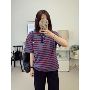 p家丑萌复古配色！空军蓝拼红色撞色条纹短袖T恤26春夏新款鸬鹚