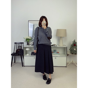 毛呢精纺羊毛精英灰色不对称压褶半裙长裙26早春新款 鸬鹚