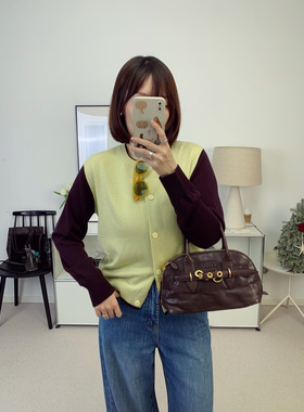 小众复古撞色设计假两件丝光羊毛针织开衫26春夏新款【鸬鹚】