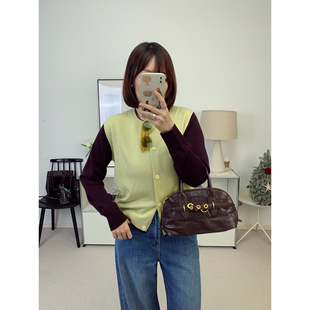 小众复古撞色设计假两件丝光羊毛针织开衫26春夏新款【鸬鹚】