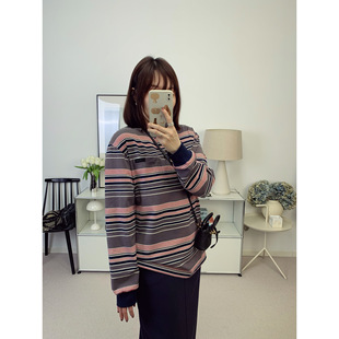 鸬鹚 T恤26春夏新款 灰色粉条纹贴袋宽松长袖 miu风格