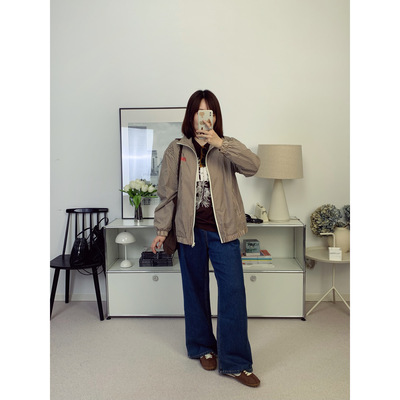 AMV美式复古字母印花复古棕薄款拉链夹克上衣 26春夏新款【鸬鹚】