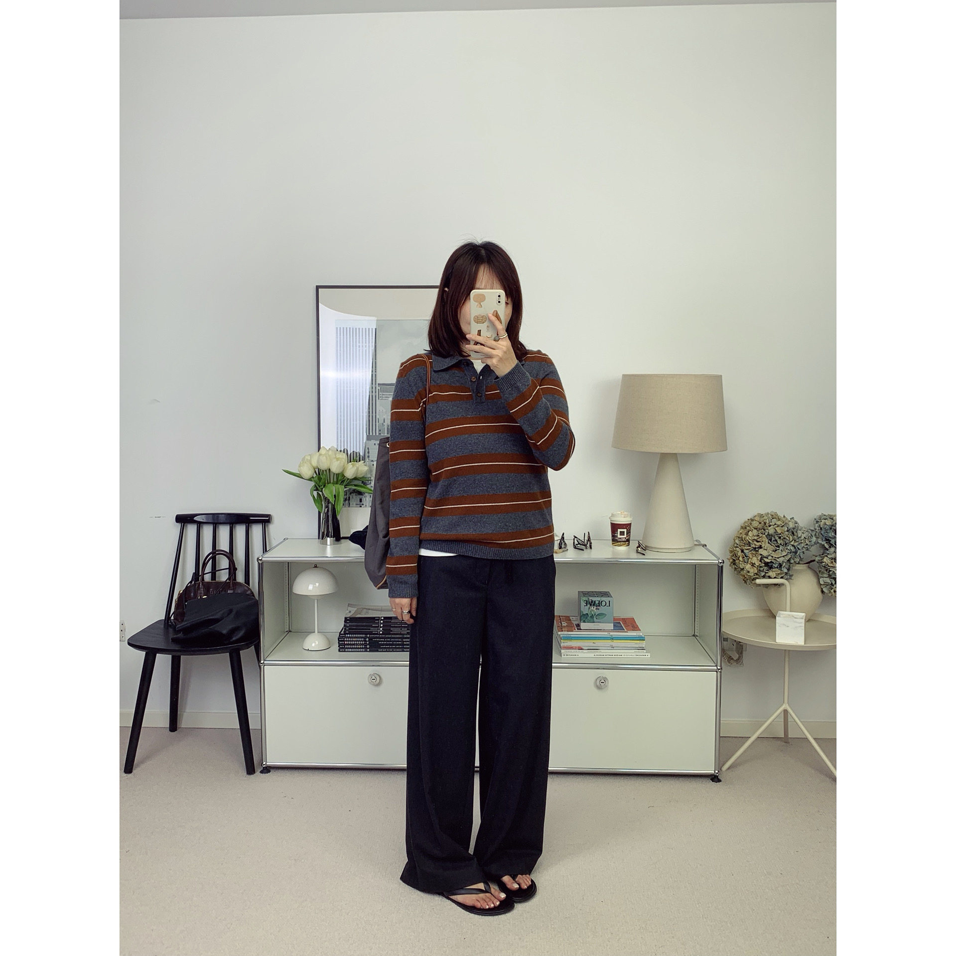 法系风格山羊绒混纺复古条纹 Polo 领针织衫毛衣26秋季新款鸬鹚