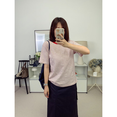 日系45家撞色条纹圆领显瘦竹节棉轻薄款短袖T恤女26夏新款鸬鹚