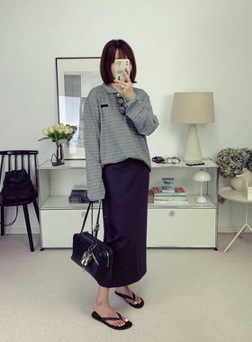 7折 miu风格女孩灰色条纹polo长袖+藏蓝色假两件长袖25秋冬新款