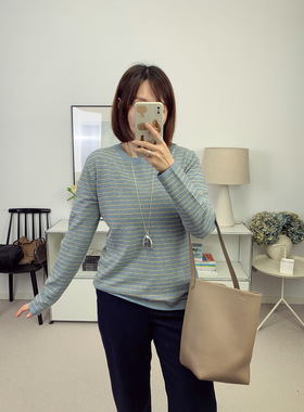 6折  Row同款蓝灰色细条纹羊毛混纺圆领针织衫25秋冬新款【鸬鹚】