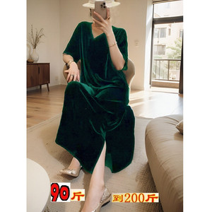 春秋金丝绒连衣裙子直筒开叉气质