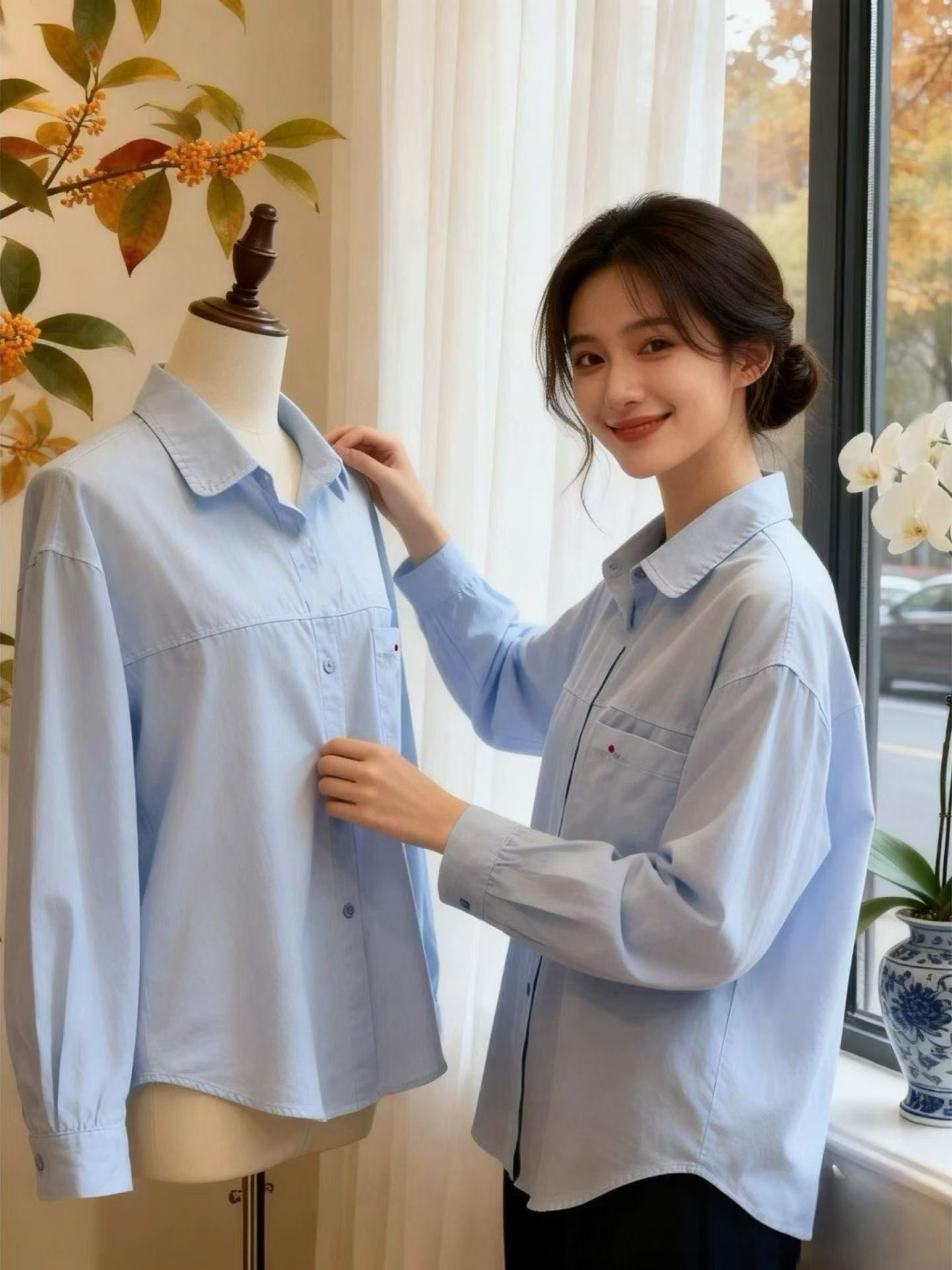 韩系牛仔棉宽松长款衬衫女长袖百搭通勤衬衣气质加厚外套学生上衣