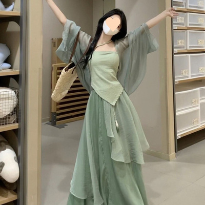 小个子新中式女装国风改良汉服汉元素日常绿色连衣裙子三件套装女
