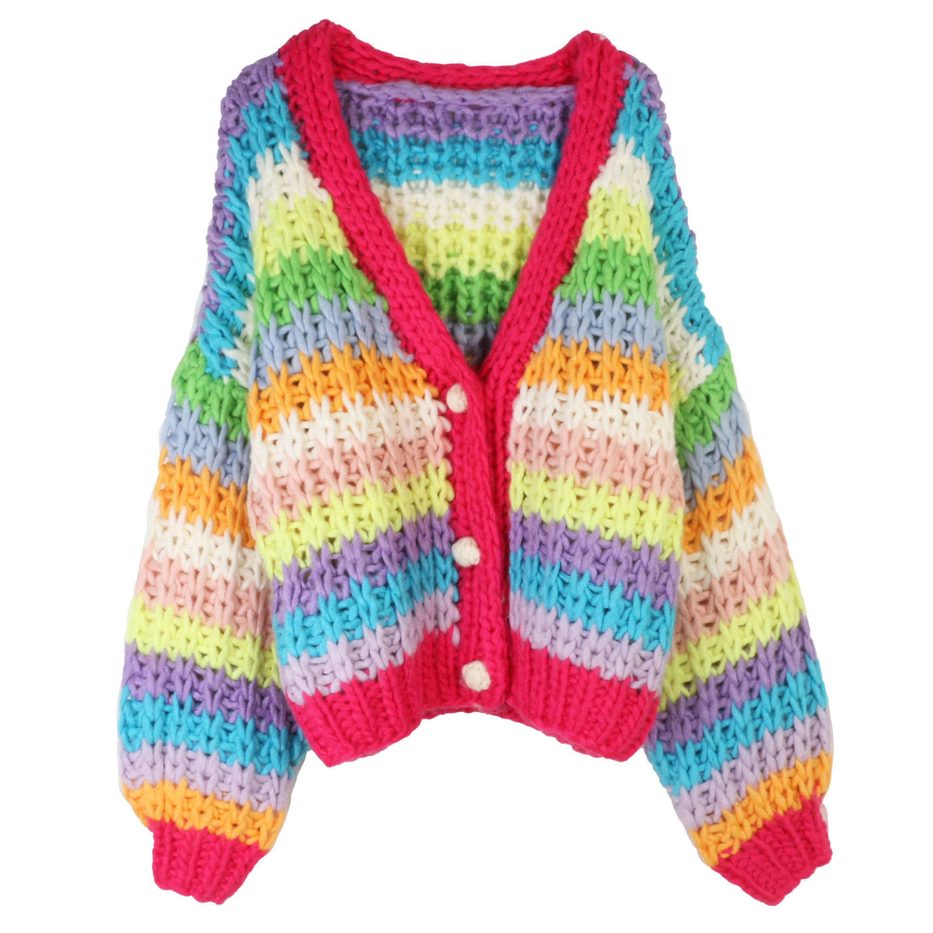 maSande欧美粗针手织毛衣领长袖女式毛衣撞色彩虹条纹慵懒风毛衣