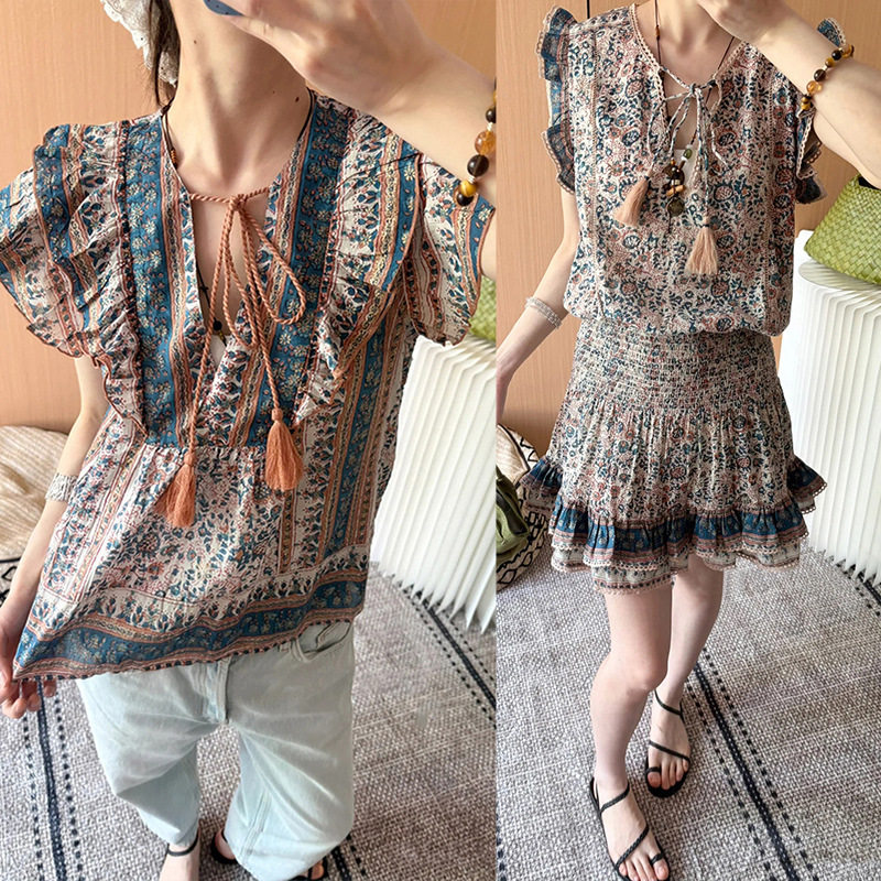 法式小众早秋别致荷叶边碎花松紧腰领流苏系绳短连衣裙