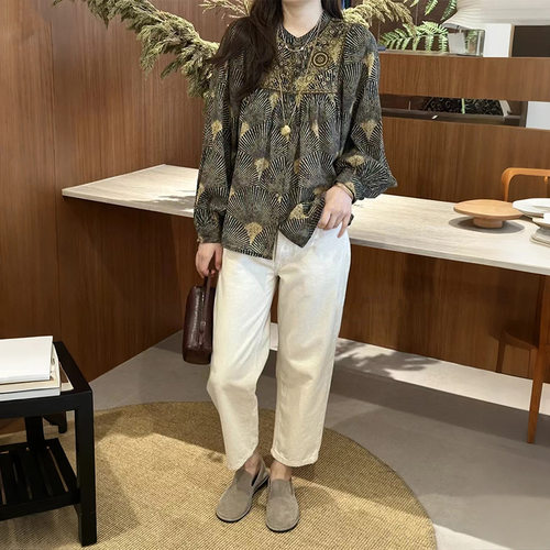 法式小众 2025秋冬时尚复古精致印花刺绣树叶花卉圆领女衬衫25941