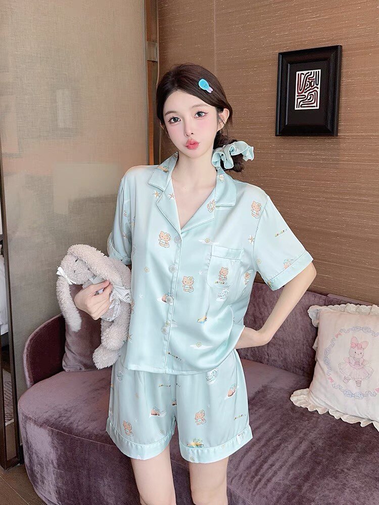 喵喵酱【蓝冰Kitty】可爱少女睡衣女夏季短袖短裤冰丝家居服套装
