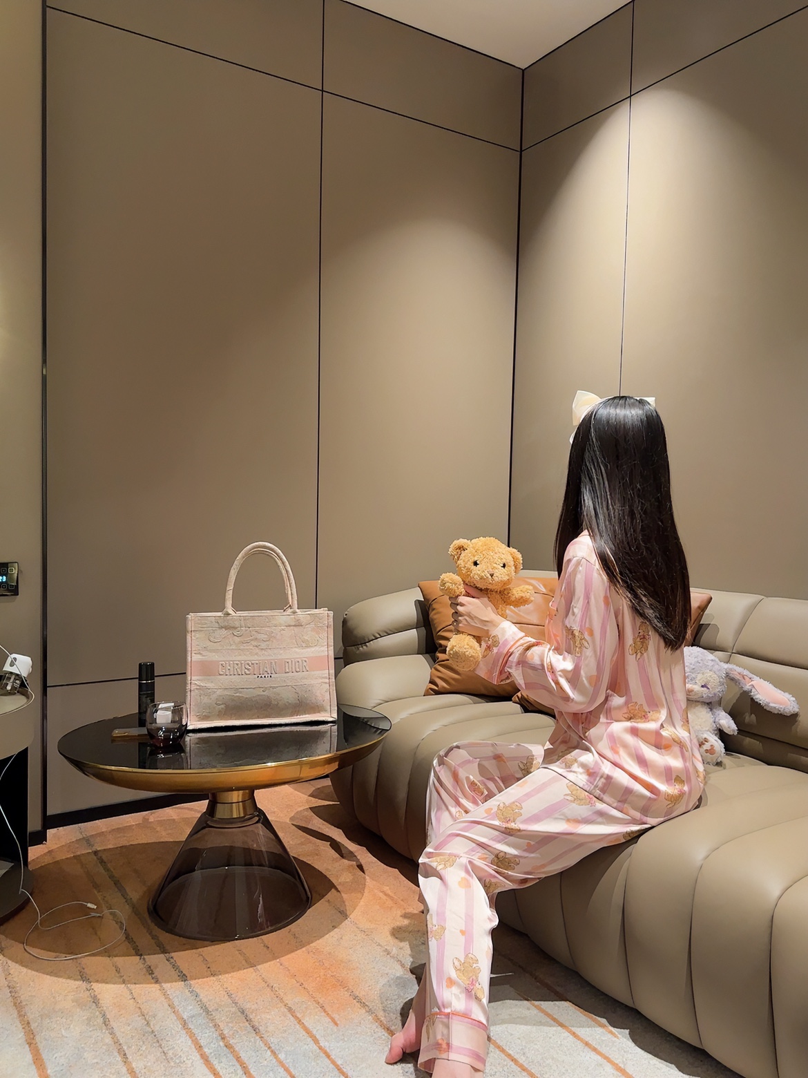 喵喵酱【桃心粉色小熊】睡衣套装冰丝绸面女夏季上衣裤子家居服