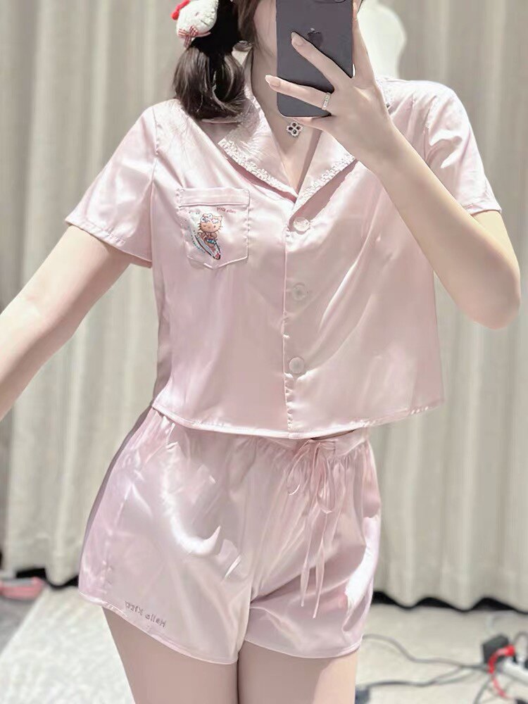 喵喵酱 Kitty夏威夷度假联名真丝缎面冰感短袖两件套家居女套装