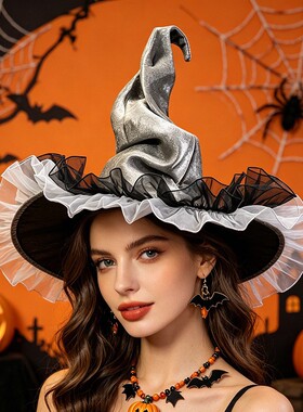 新品万圣节玫瑰花蕾丝边巫婆帽森系复古造型扭扭帽蜘蛛网女巫帽