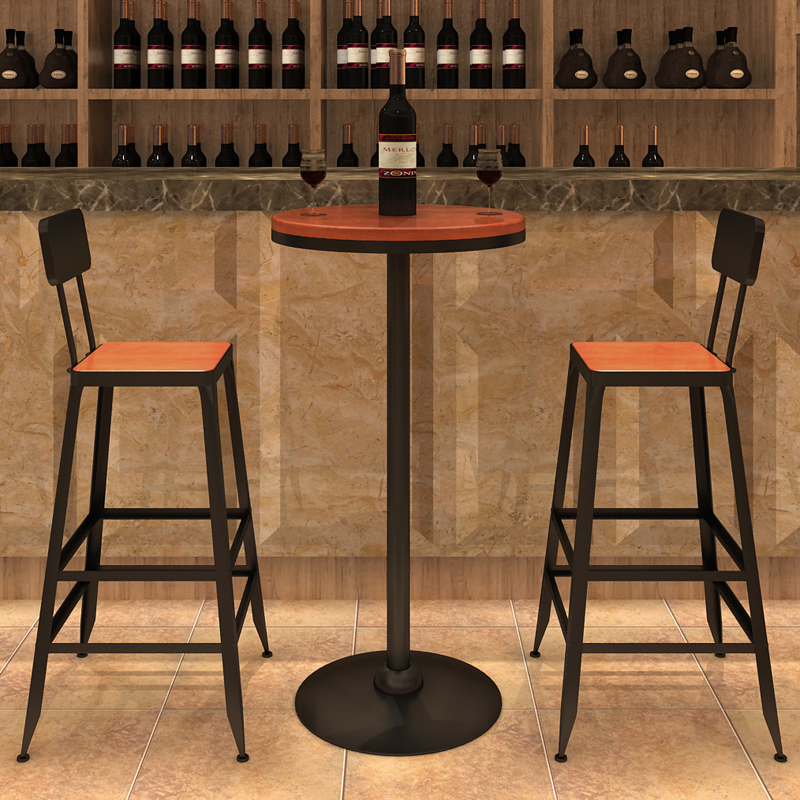 需定制复古吧台椅子靠背铁艺圆形高脚桌椅实木高圆桌子酒吧凳奶茶