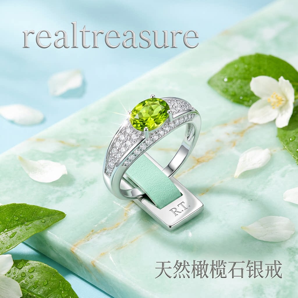 realtreasure925银天然橄榄石戒指 清新秀气青春活力男女可戴图片