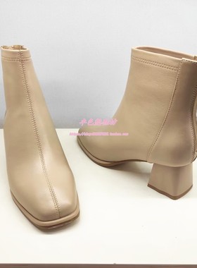 哈森专柜正品断码冬款粗方跟方头后拉链35小码百搭女短靴HA228801