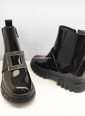 卡迪娜断码女靴专柜正品亮皮厚底圆头方扣时尚女短筒靴子KA221502