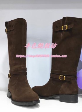 HA252506正品Harson/哈森25秋冬新款皮带扣咖色低跟套筒女高筒靴