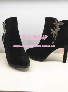 KA251549卡迪娜专柜正品2025新冬舒适水钻高跟圆头反绒皮女短靴