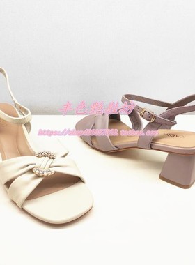卡迪娜断码女凉鞋专柜正品夏季中方跟一字带露趾米白紫色KM221558