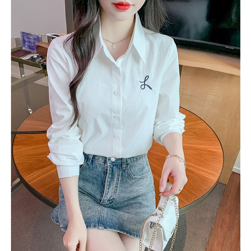 白色衬衫女长袖春装2025年新款韩版宽松刺绣纯棉衬衣显瘦百搭上衣