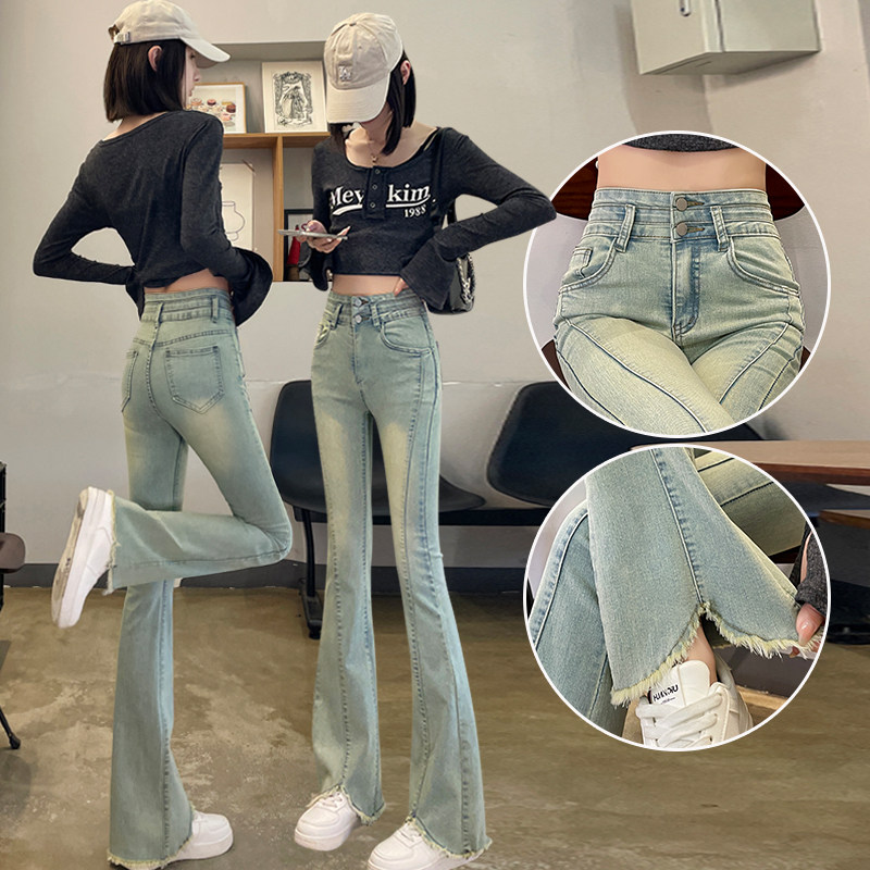 浅蓝色开叉微喇牛仔裤女2