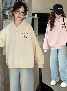 2025新款卫衣套装女大童时尚春季学生女孩POLO衫上衣牛仔裤两件套