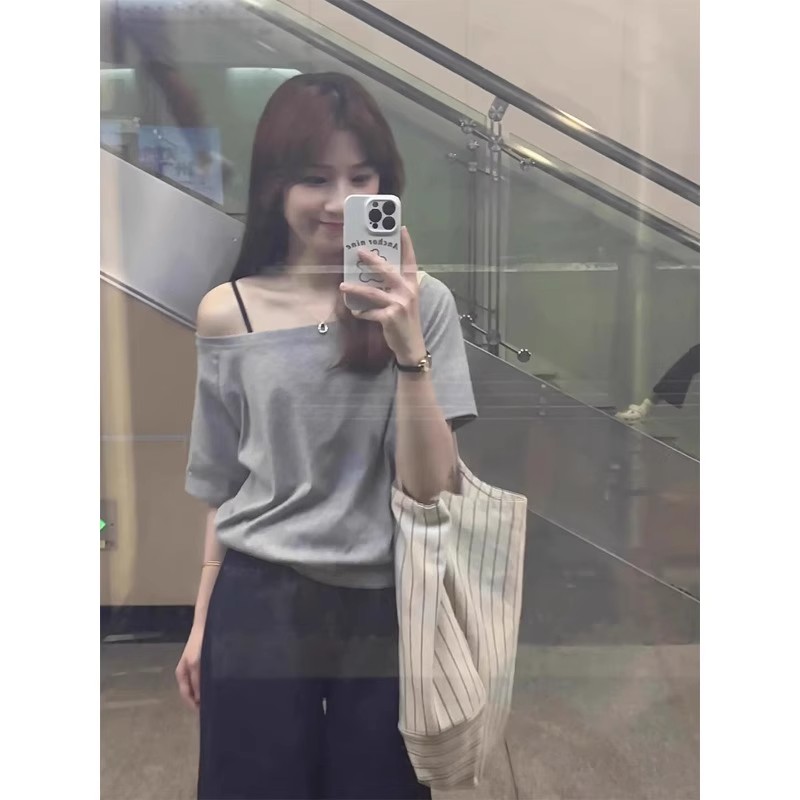 灰色斜肩T恤女2025新款夏