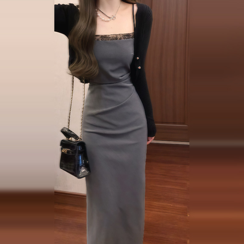 法式高级感灰色吊带连衣
