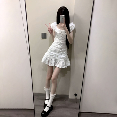 法式显瘦泡泡袖白色连衣裙女夏季2025新款甜美提花包臀仙女a字裙