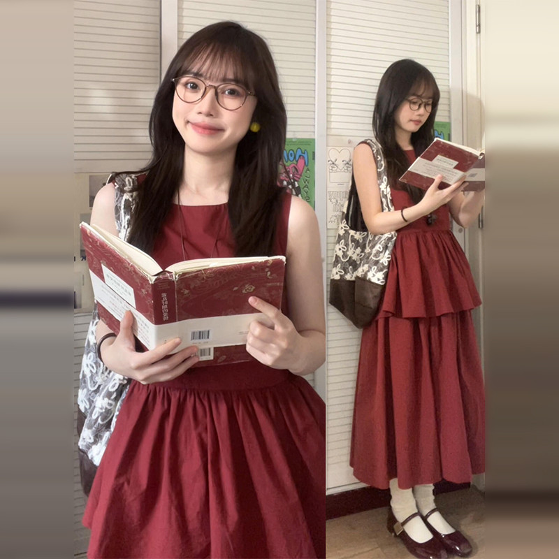 法式复古学院风红色无袖