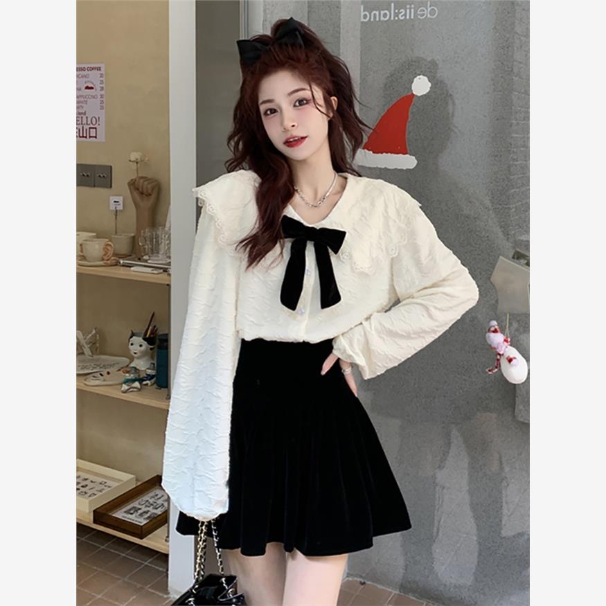 娃娃领衬衫女春秋2024新款大码胖mm设计感蝴蝶结外穿洋气长袖衬衣