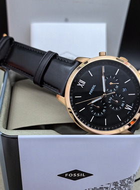 FOSSIL手表黑色真皮表带玫瑰金三眼计时商务休闲石英表防水男表