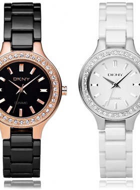 现货DKNY手表简约时尚镶钻白色陶瓷表小巧秀气石英表防水女表