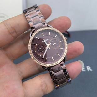 FOSSIL手表不锈钢咖啡色玫瑰金时尚 镶钻星期日历石英表防水女表