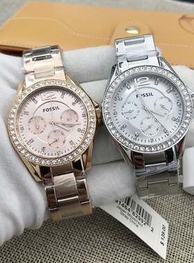 FOSSIL手表不锈钢三眼多功能时尚镶钻休闲石英表防水女表
